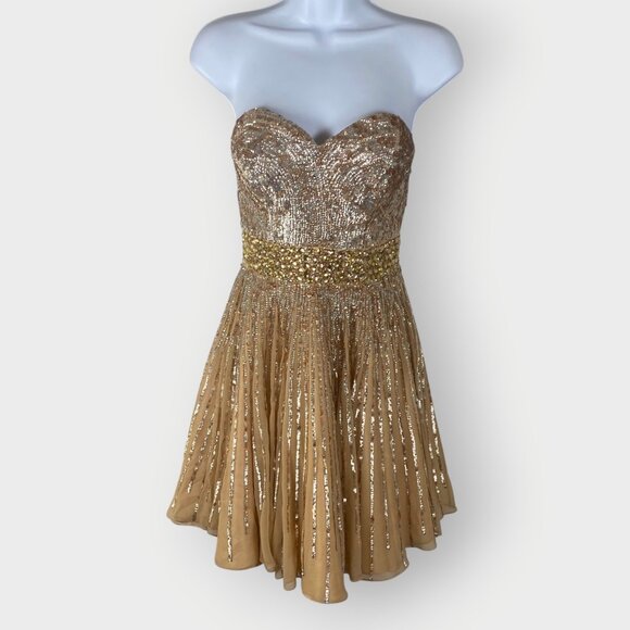 Sherri Hill Formal Dress | Champagne Silk | Sequin Beaded | HOCO Prom Party - Picture 1 of 16